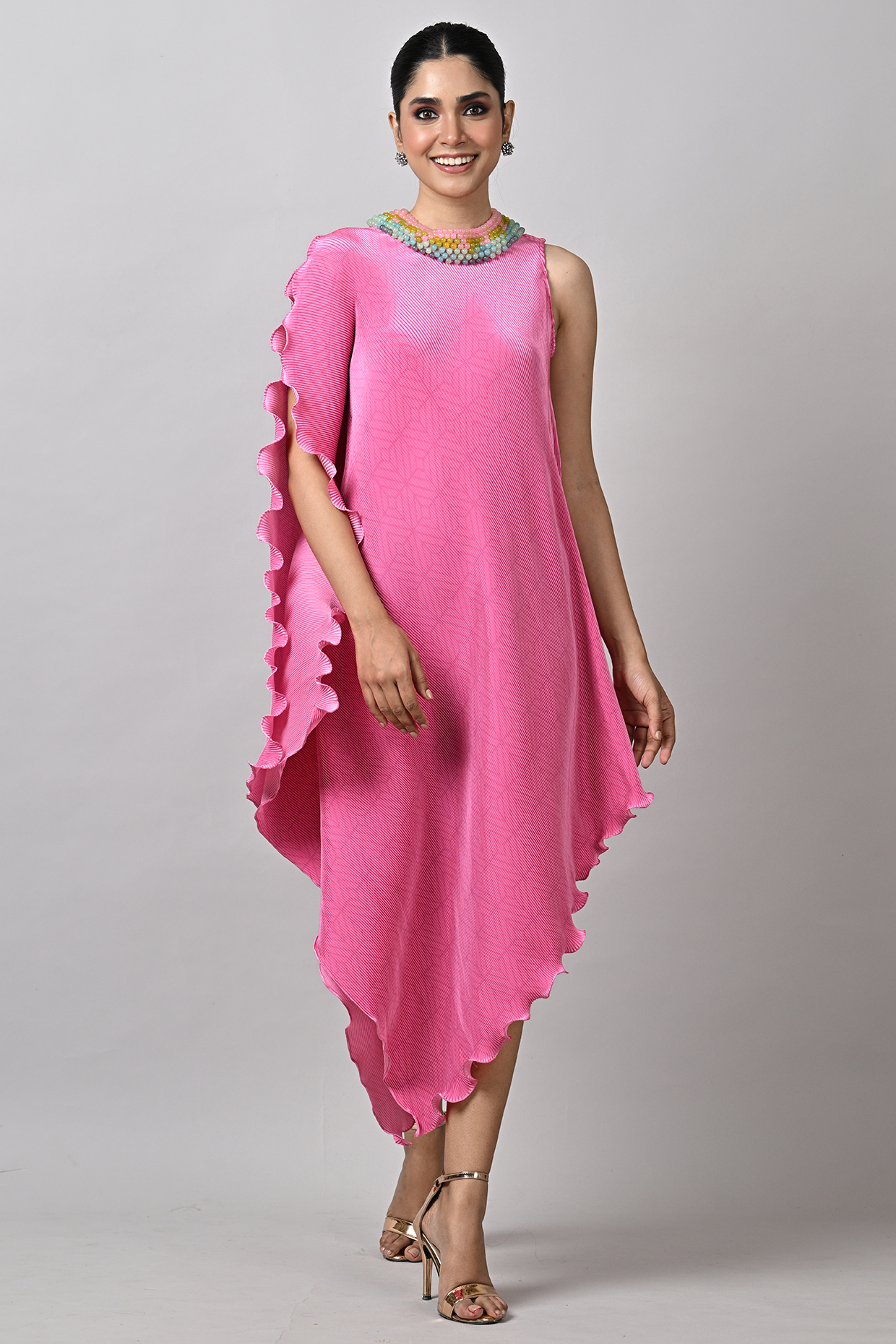 Candy Pink Polyester Bead Embroidered Draped Kaftan by Kiran Uttam Ghosh at Pernia's Pop Up Shop
