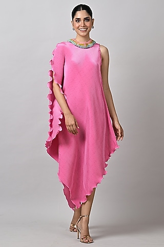 Candy Pink Polyester Bead Embroidered Draped Kaftan by Kiran Uttam Ghosh
