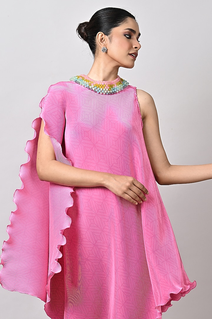 Candy Pink Polyester Bead Embroidered Draped Kaftan by Kiran Uttam Ghosh at Pernia's Pop Up Shop