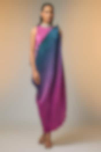 Pink & Navy Pleated Polyester Cocktail Dress by Kiran Uttam Ghosh at Pernia's Pop Up Shop