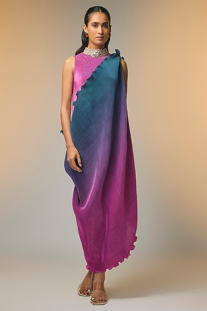 Pink & Navy Pleated Polyester Cocktail Dress by Kiran Uttam Ghosh at Pernia's Pop Up Shop