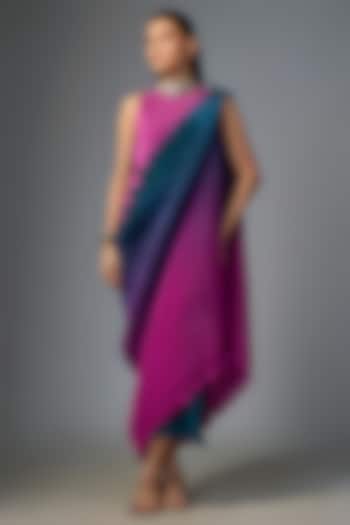 Pink & Navy Pleated Polyester Cocktail Dress by Kiran Uttam Ghosh at Pernia's Pop Up Shop