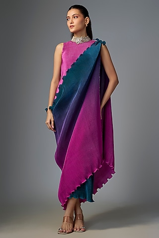 Pink & Navy Pleated Polyester Dress by Kiran Uttam Ghosh