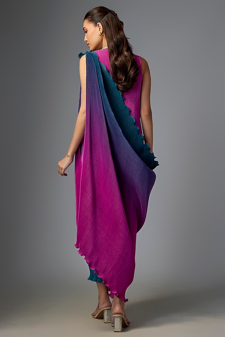 Pink & Navy Pleated Polyester Cocktail Dress by Kiran Uttam Ghosh at Pernia's Pop Up Shop