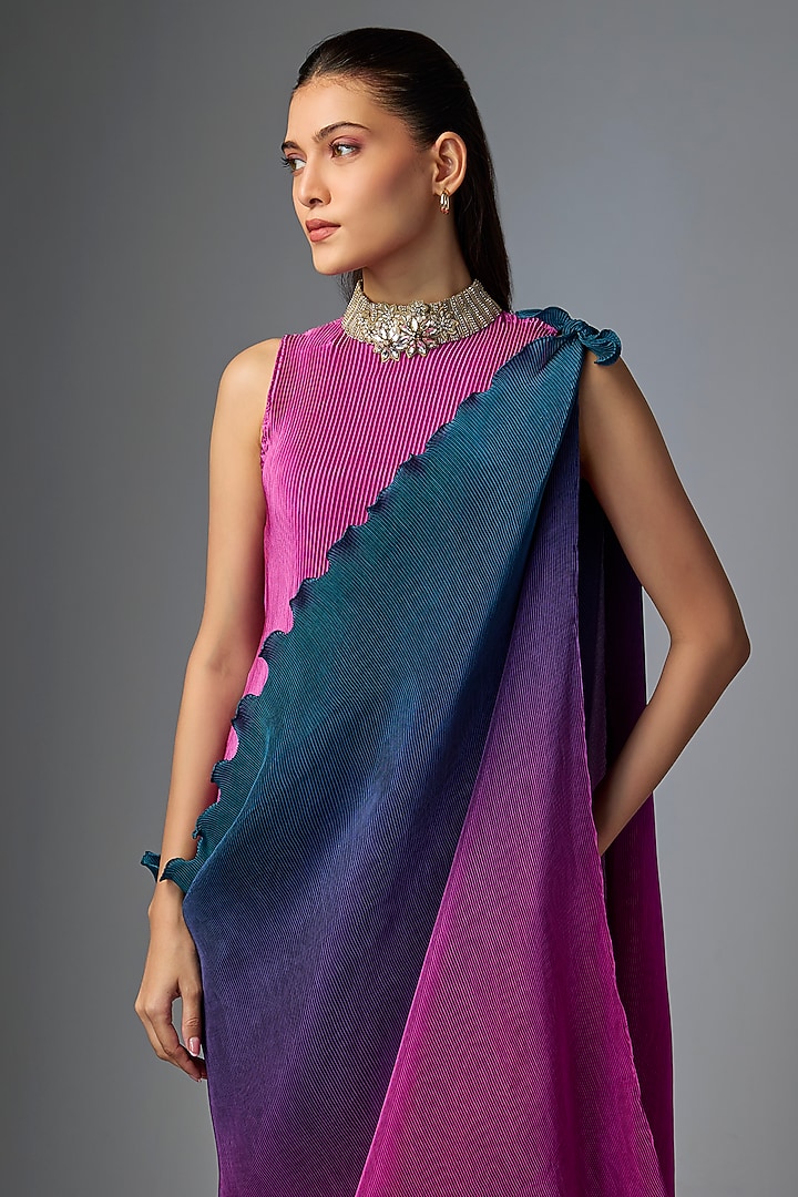 Pink & Navy Pleated Polyester Cocktail Dress by Kiran Uttam Ghosh at Pernia's Pop Up Shop