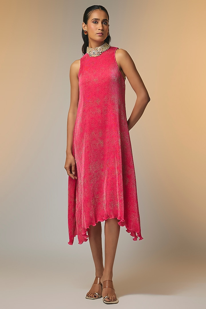 Candy Pink Pleated Polyester Vacation Dress by Kiran Uttam Ghosh at Pernia's Pop Up Shop