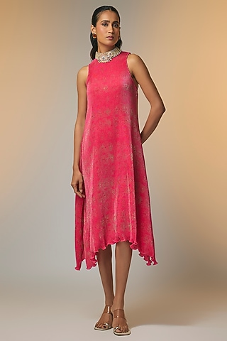 Candy Pink Pleated Polyester Dress by Kiran Uttam Ghosh