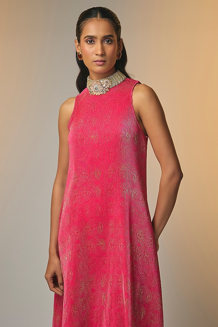 Candy Pink Pleated Polyester Vacation Dress by Kiran Uttam Ghosh at Pernia's Pop Up Shop