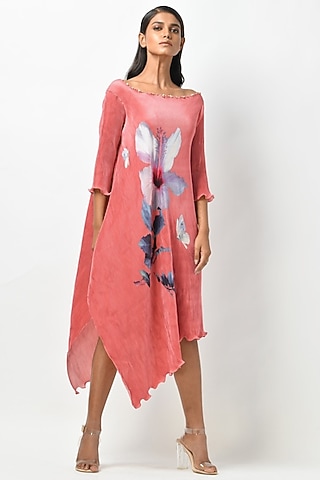 Coral Pleated Polyester Mix Printed Dress by Kiran Uttam Ghosh