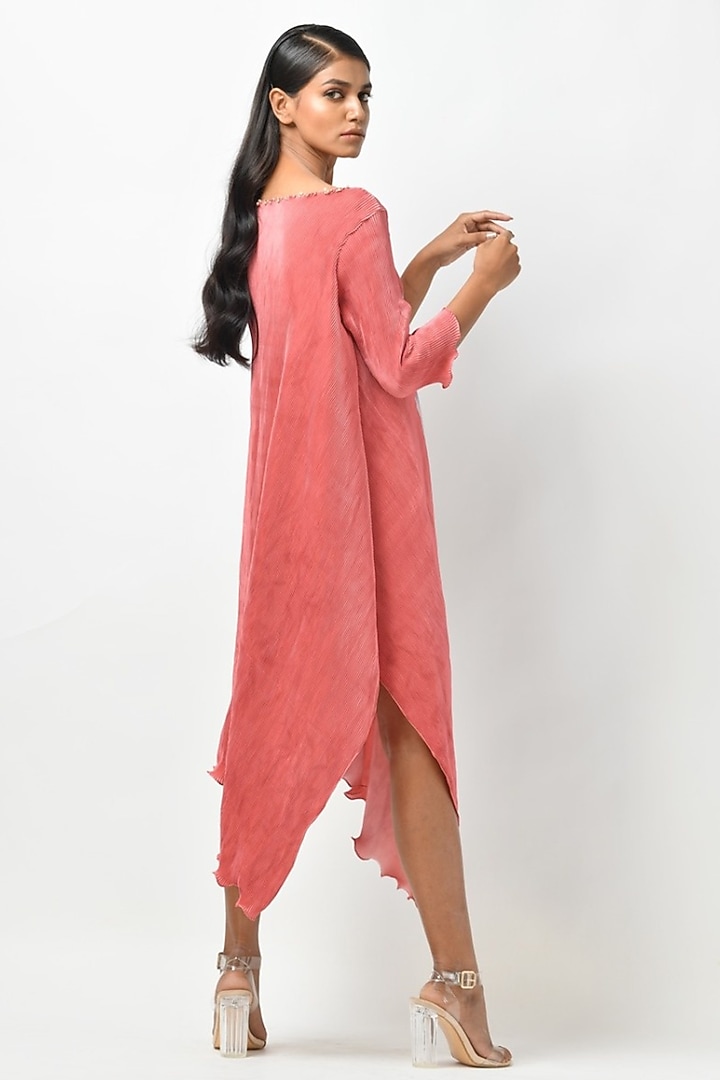Coral Pleated Polyester Mix Printed Vacation Dress by Kiran Uttam Ghosh at Pernia's Pop Up Shop