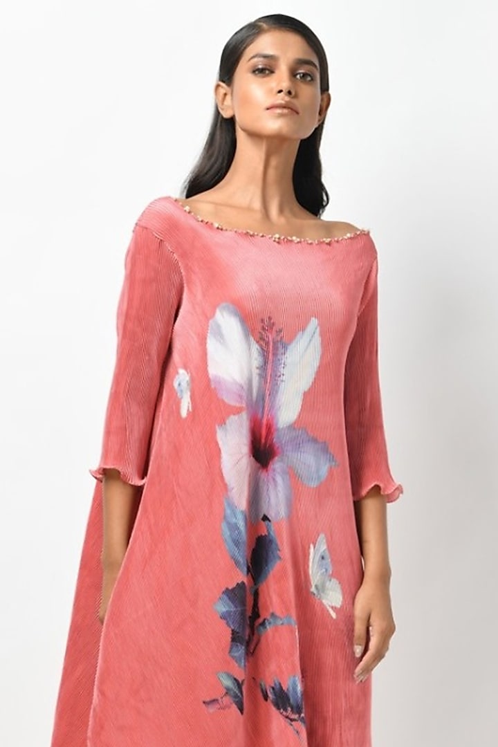 Coral Pleated Polyester Mix Printed Vacation Dress by Kiran Uttam Ghosh at Pernia's Pop Up Shop