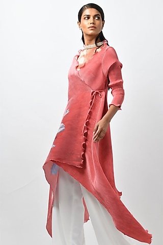 Coral Pleated Polyester Mix Printed & Embroidered Dress by Kiran Uttam Ghosh