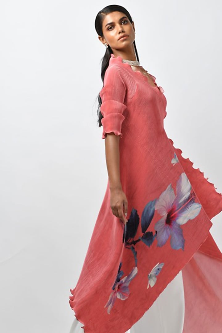 Coral Pleated Polyester Mix Printed & Embroidered Vacation Dress by Kiran Uttam Ghosh at Pernia's Pop Up Shop