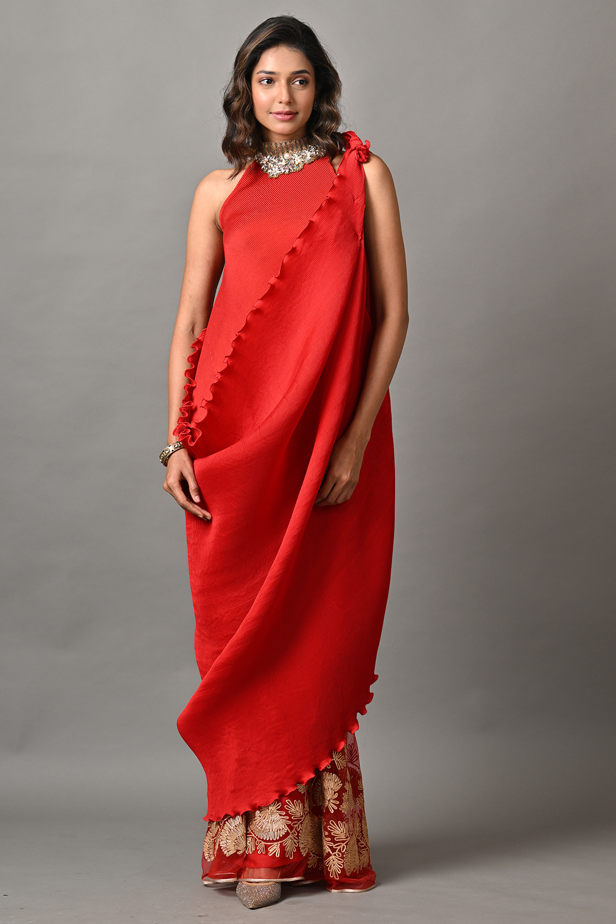 Red Polyester Cocktail Dress With Drape by Kiran Uttam Ghosh at Pernia's Pop Up Shop