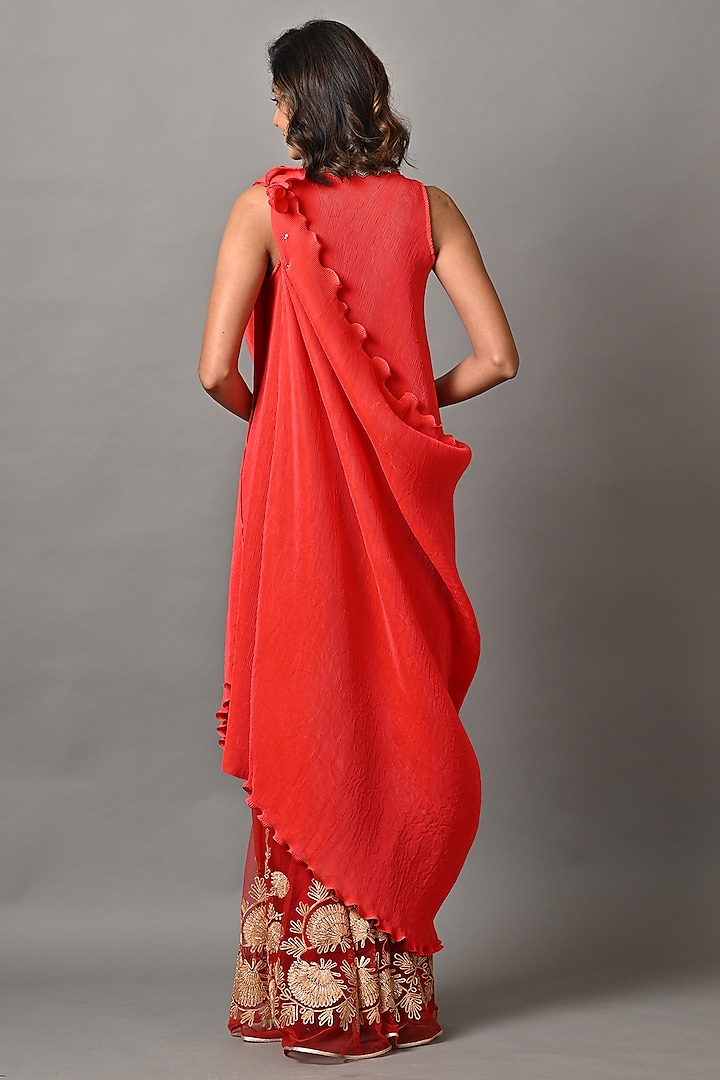 Red Polyester Cocktail Dress With Drape by Kiran Uttam Ghosh at Pernia's Pop Up Shop