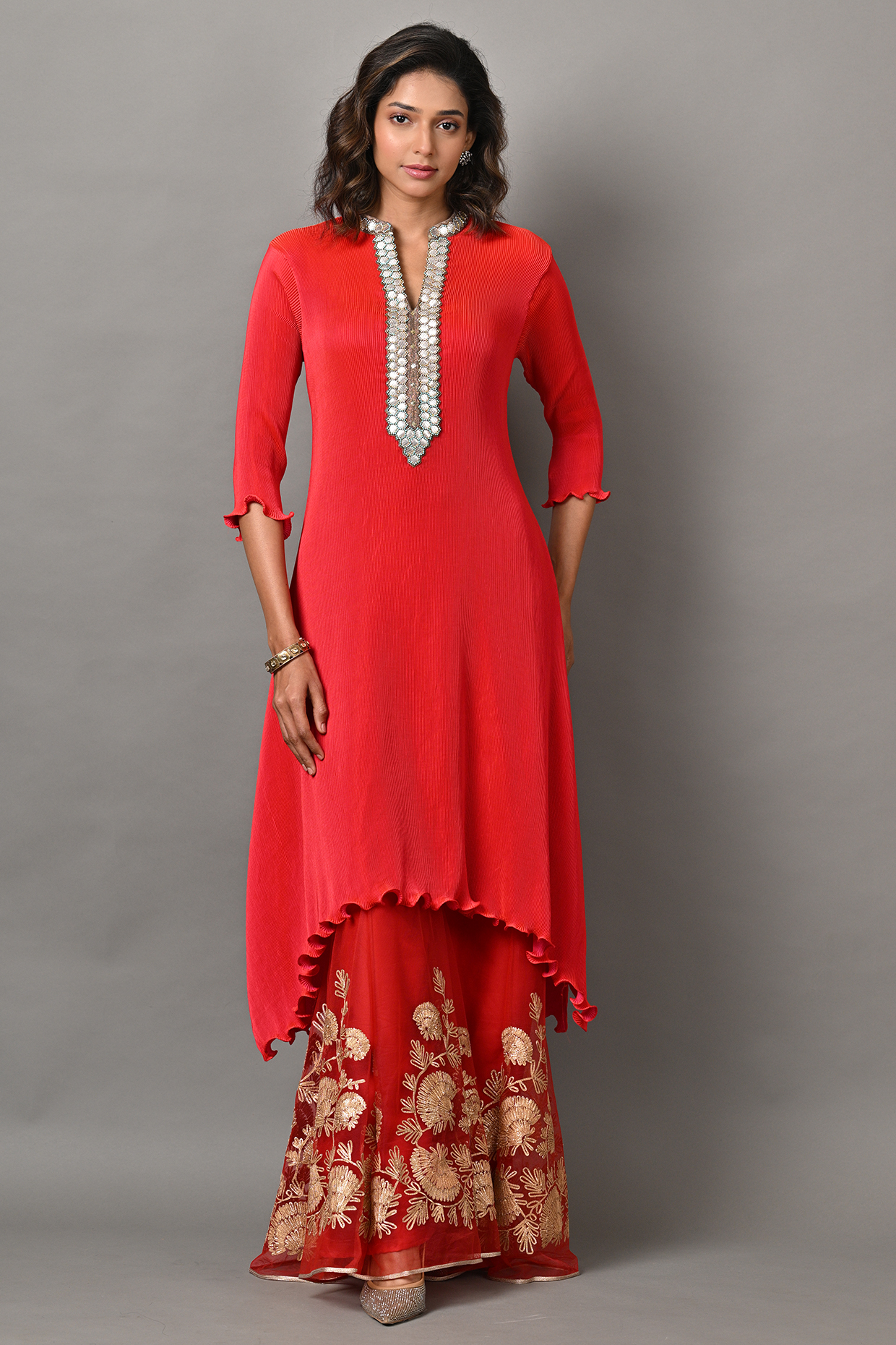 Red Polyester Embroidered Pleated Kaftan by Kiran Uttam Ghosh at Pernia's Pop Up Shop