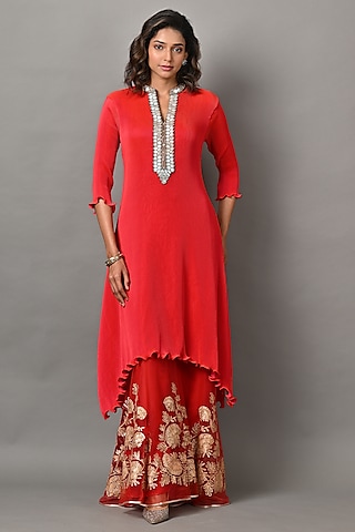 Red Polyester Embroidered Pleated Kaftan by Kiran Uttam Ghosh