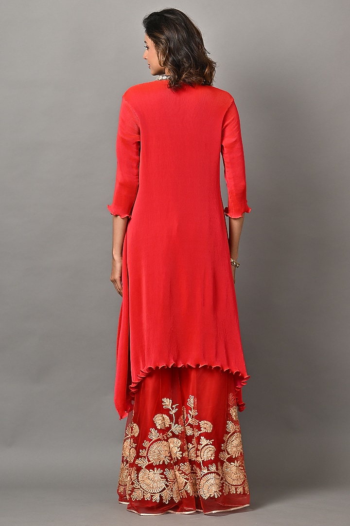 Red Polyester Embroidered Pleated Kaftan by Kiran Uttam Ghosh at Pernia's Pop Up Shop