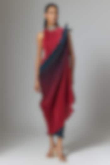 Red & Navy Pleated Polyester Cocktail Dress by Kiran Uttam Ghosh at Pernia's Pop Up Shop