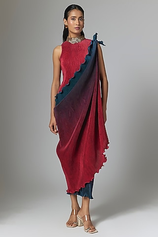 Red & Navy Pleated Polyester Dress by Kiran Uttam Ghosh