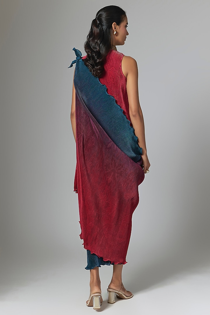 Red & Navy Pleated Polyester Cocktail Dress by Kiran Uttam Ghosh at Pernia's Pop Up Shop