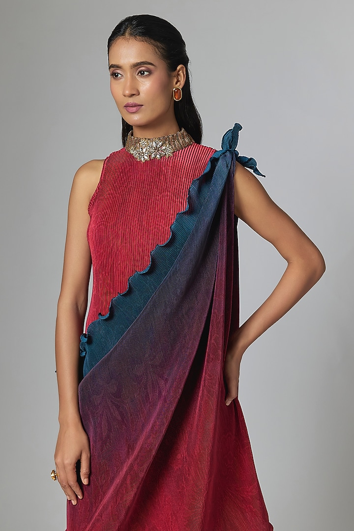 Red & Navy Pleated Polyester Cocktail Dress by Kiran Uttam Ghosh at Pernia's Pop Up Shop