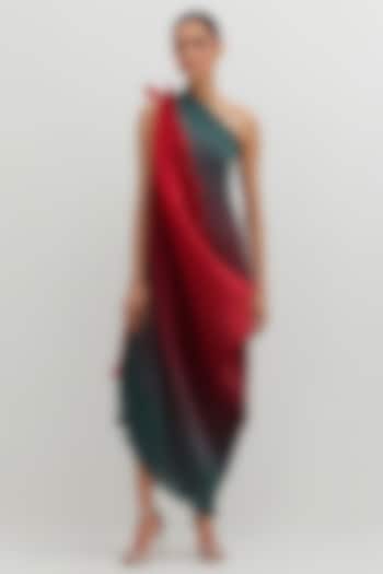 Red & Teal Polyester Ombre Pleated One-Shoulder Vacation Dress by Kiran Uttam Ghosh at Pernia's Pop Up Shop