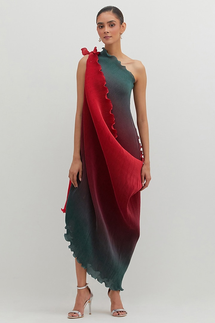 Red & Teal Polyester Ombre Pleated One-Shoulder Vacation Dress by Kiran Uttam Ghosh at Pernia's Pop Up Shop