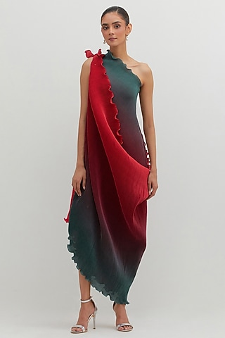 Red & Teal Polyester Ombre Pleated One-Shoulder Dress by Kiran Uttam Ghosh