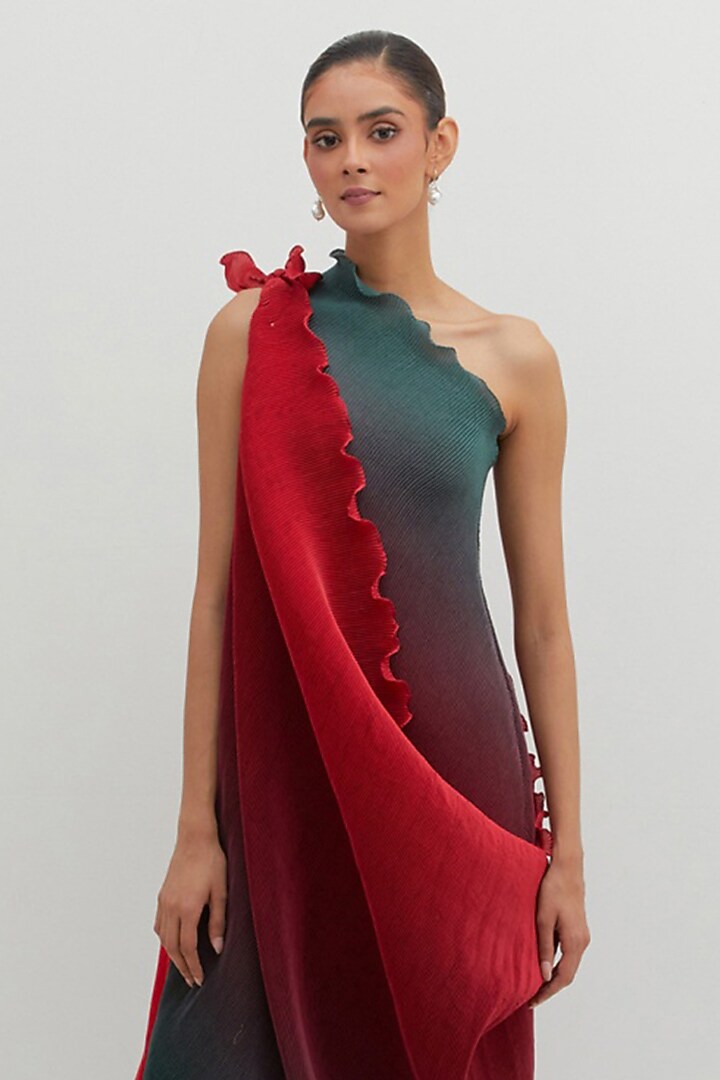 Red & Teal Polyester Ombre Pleated One-Shoulder Vacation Dress by Kiran Uttam Ghosh at Pernia's Pop Up Shop