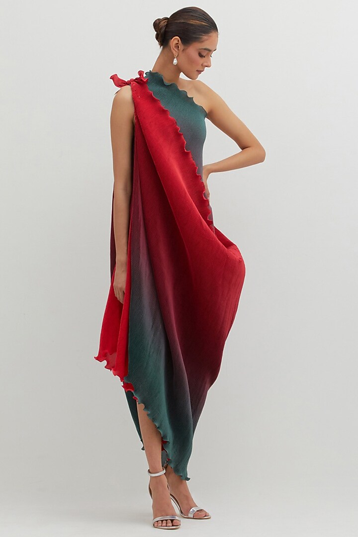 Red & Teal Polyester Ombre Pleated One-Shoulder Vacation Dress by Kiran Uttam Ghosh at Pernia's Pop Up Shop