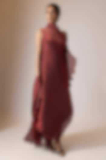 Merlot Shade Pleated Polyester Viscose Cocktail Dress by Kiran Uttam Ghosh at Pernia's Pop Up Shop