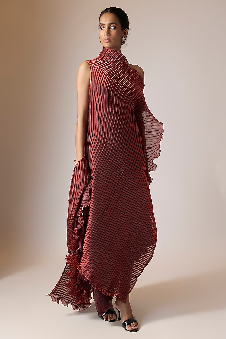 Merlot Shade Pleated Polyester Viscose Cocktail Dress by Kiran Uttam Ghosh at Pernia's Pop Up Shop