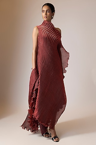Merlot Shade Pleated Polyester Viscose Dress by Kiran Uttam Ghosh