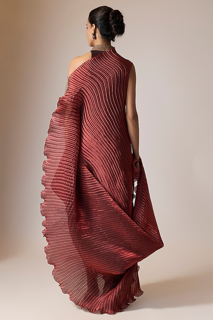 Merlot Shade Pleated Polyester Viscose Cocktail Dress by Kiran Uttam Ghosh at Pernia's Pop Up Shop
