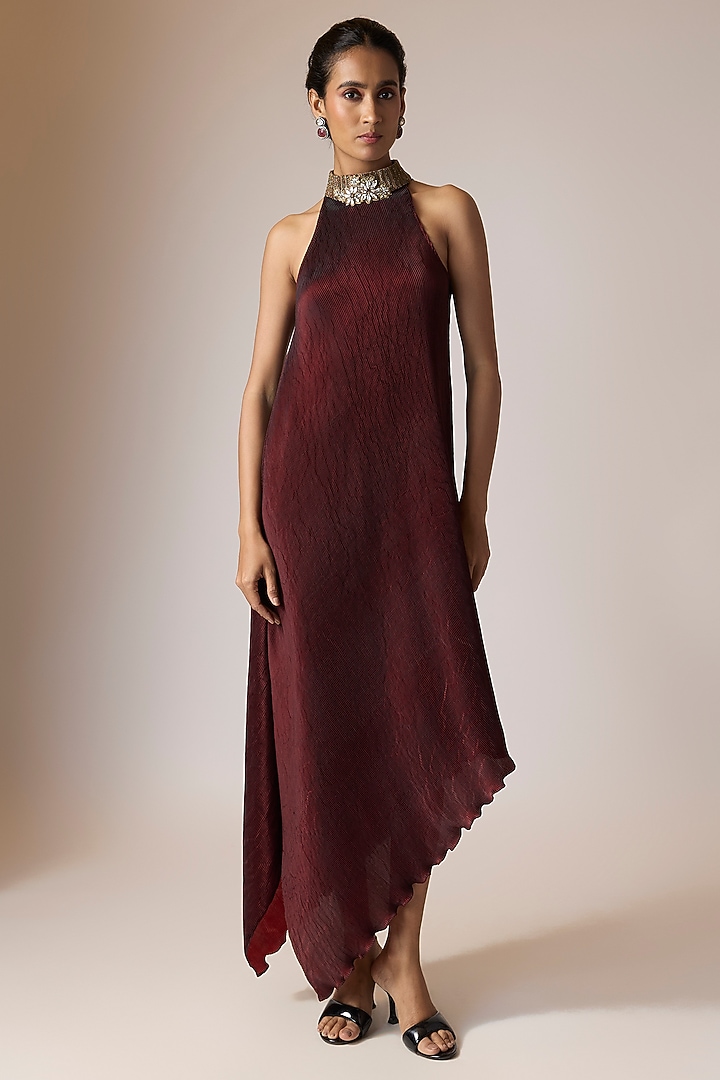 Merlot Shade Pleated Polyester Viscose Cocktail Dress by Kiran Uttam Ghosh at Pernia's Pop Up Shop