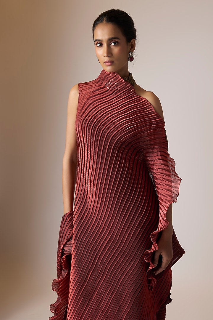 Merlot Shade Pleated Polyester Viscose Cocktail Dress by Kiran Uttam Ghosh at Pernia's Pop Up Shop