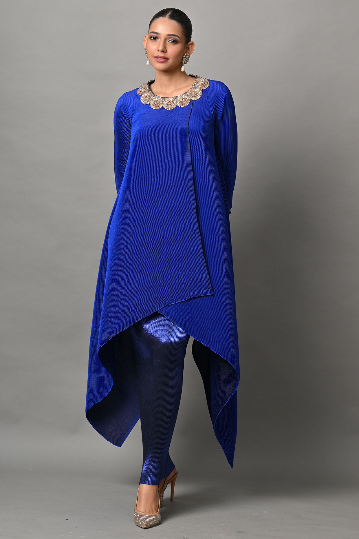 Indigo Polyester Embroidered Wrap Tunic by Kiran Uttam Ghosh at Pernia's Pop Up Shop