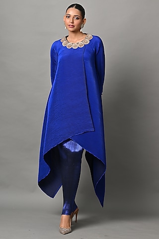 Indigo Polyester Embroidered Wrap Tunic by Kiran Uttam Ghosh