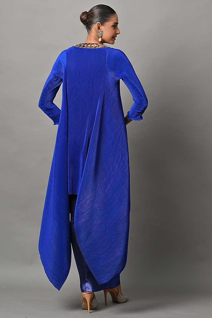 Indigo Polyester Embroidered Wrap Tunic by Kiran Uttam Ghosh at Pernia's Pop Up Shop