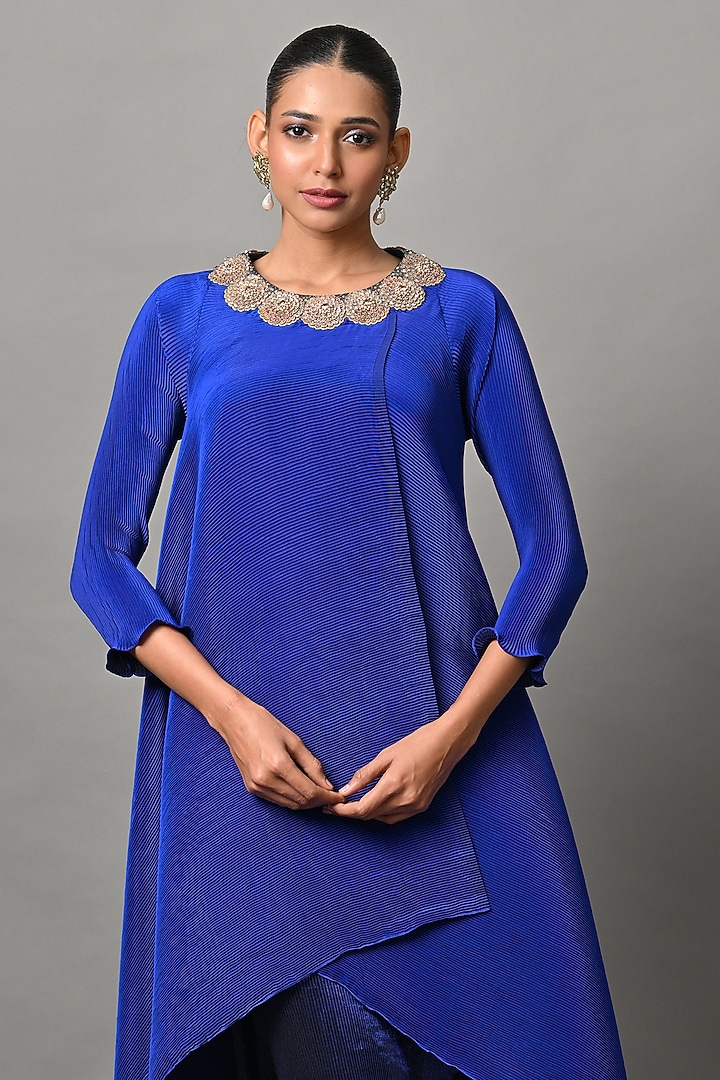 Indigo Polyester Embroidered Wrap Tunic by Kiran Uttam Ghosh at Pernia's Pop Up Shop