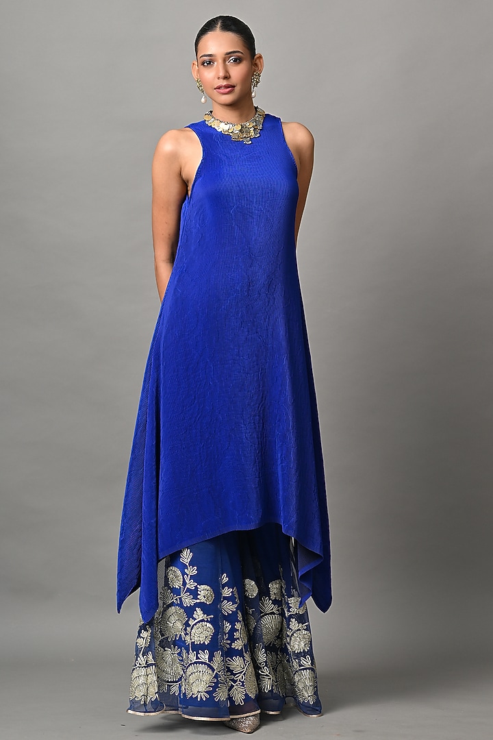 Indigo Polyester Pleated Cutaway Vacation Dress by Kiran Uttam Ghosh at Pernia's Pop Up Shop