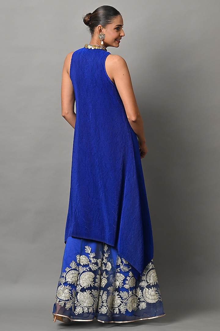 Indigo Polyester Pleated Cutaway Vacation Dress by Kiran Uttam Ghosh at Pernia's Pop Up Shop