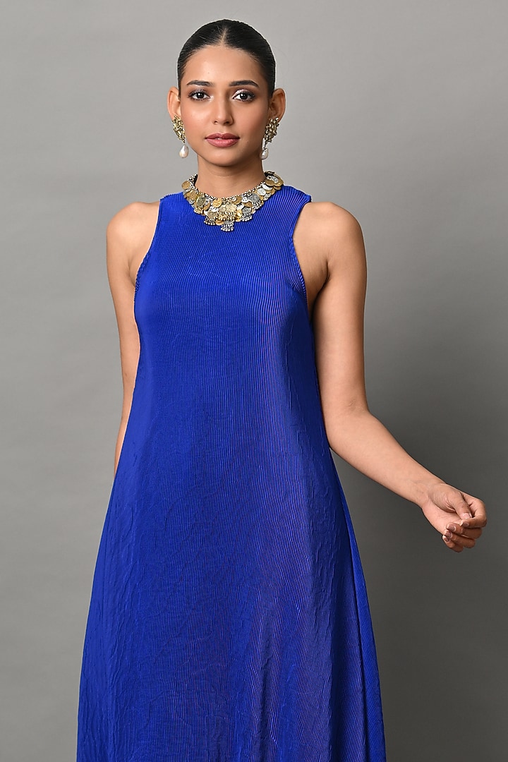 Indigo Polyester Pleated Cutaway Vacation Dress by Kiran Uttam Ghosh at Pernia's Pop Up Shop