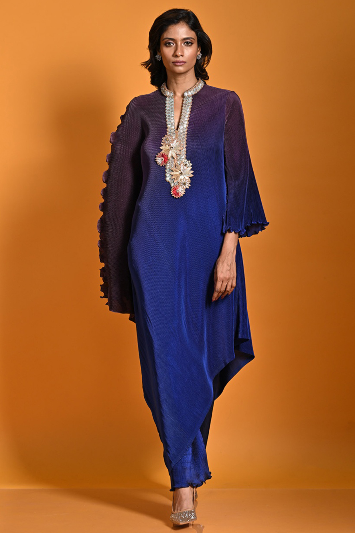 Purple Pleated Polyester Mix Hand Embroidered Draped Kaftan by Kiran Uttam Ghosh at Pernia's Pop Up Shop