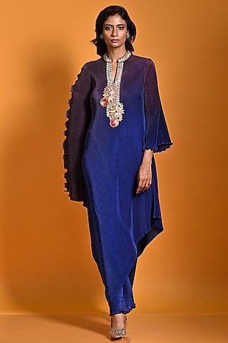 Purple Pleated Polyester Mix Hand Embroidered Draped Kaftan by Kiran Uttam Ghosh