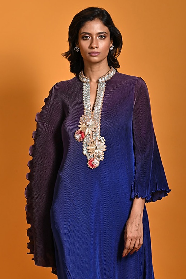 Purple Pleated Polyester Mix Hand Embroidered Draped Kaftan by Kiran Uttam Ghosh at Pernia's Pop Up Shop
