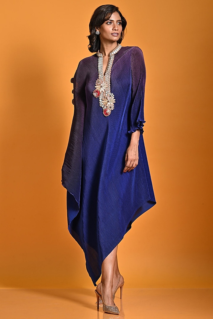 Purple Pleated Polyester Mix Hand Embroidered Draped Kaftan by Kiran Uttam Ghosh at Pernia's Pop Up Shop