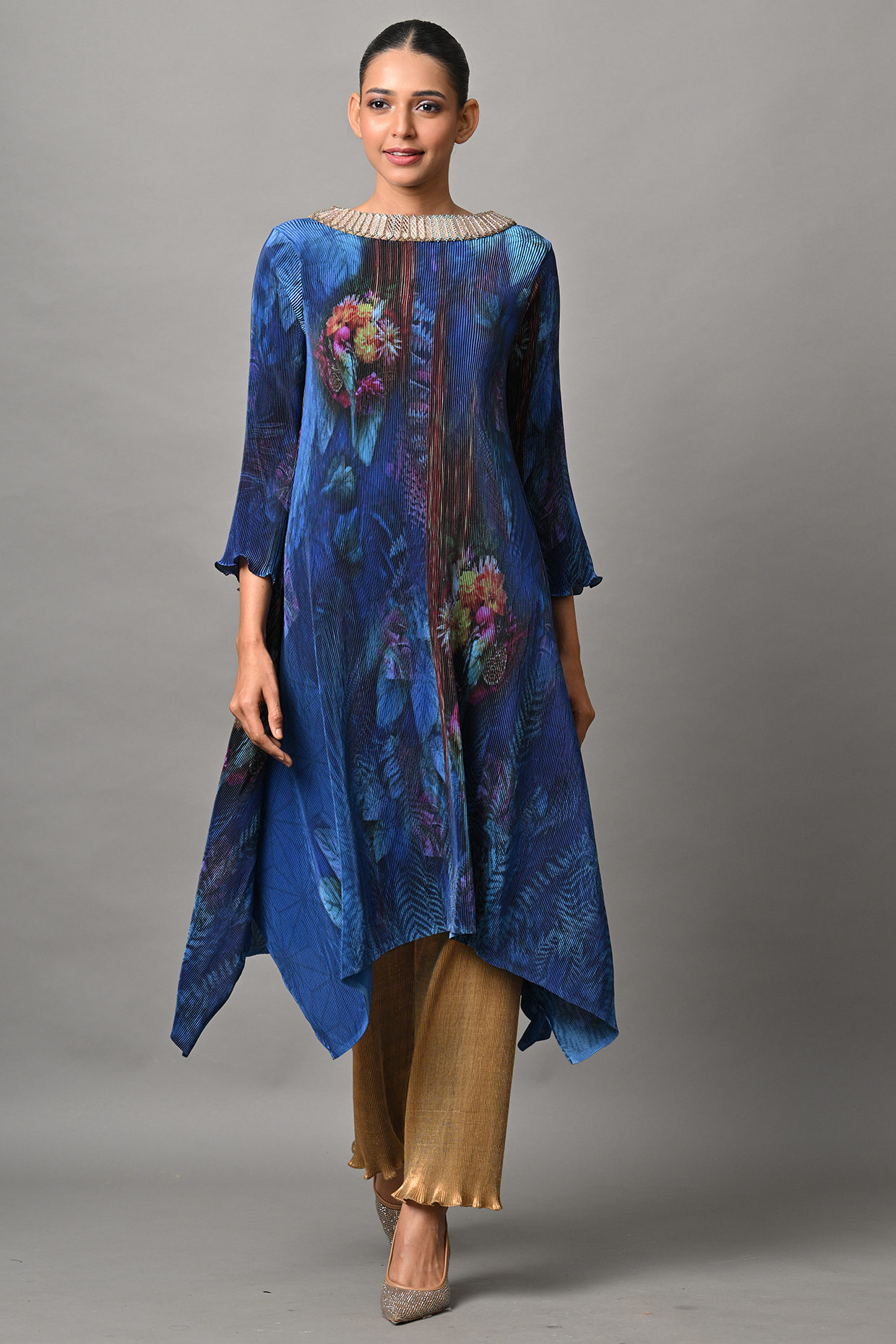 Indigo Polyester Embroidered Pleated Kaftan by Kiran Uttam Ghosh at Pernia's Pop Up Shop