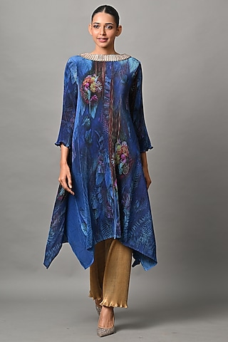 Indigo Polyester Embroidered Pleated Kaftan by Kiran Uttam Ghosh